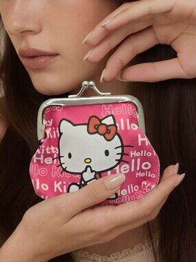 Hello Kitty Coin Purse Wallet Hot Pink Kiss Lock Pouch Sanrio Kawaii Mini Bag